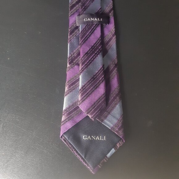 Canali 100% Silk Men's Neck Tie, Purple & Grey Diagonal Stripes - Picture 2 of 12